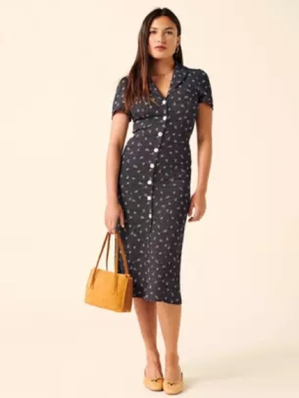Rouje Paris Marin navy floral midi button front dress
